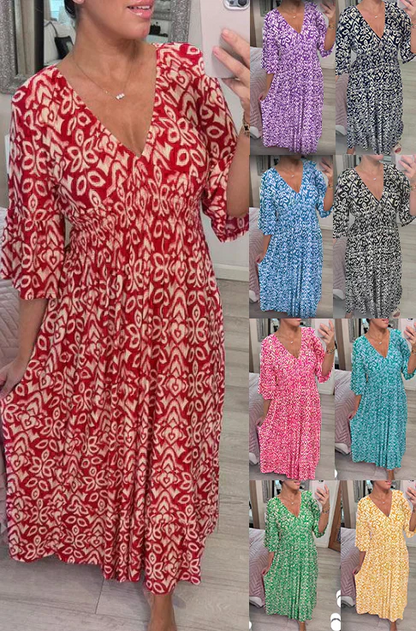 💖SISTA DAGENS REA 50 % RABATT💖Lång klänning i bohemisk stil med V-ringning och knytning i midjan