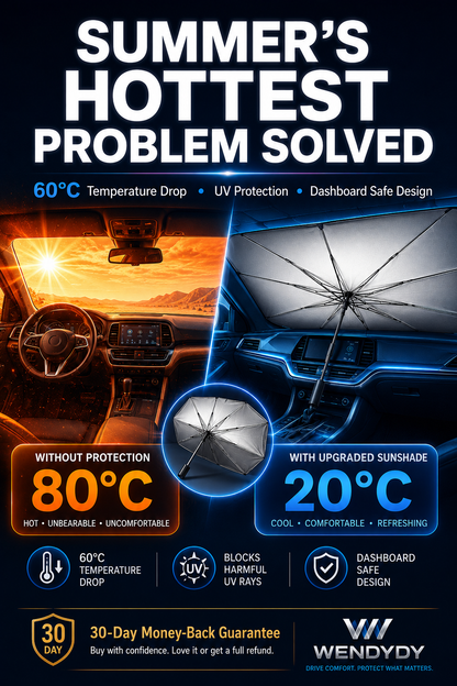 ☀️ 50 % RABATT NU!🚗 Sammanfällbar bilfönsterskydd – Blockerar UV-strålning och värme – Skyddar instrumentbrädan och interiören 🛡️