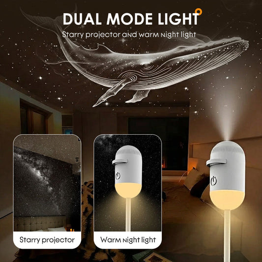 🌌 2-i-1 stjärnhimmelsprojektor och nattlampa – Dubbla lägen, utbytbar film, USB-driven – Skapa en lugn natt och ett drömlikt rum 🛌