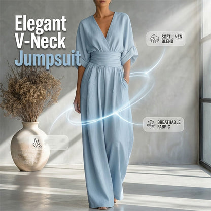 Jumpsuit för damer med V-ringning, hög midja och vida ben