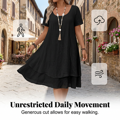 👗 50% RABATT NU! Kortärmad klänning i avslappnad stil med lös passform – dubbellagersfåll, rund halsringning & andningsbar bomull-linne – perfekt för strand, brunch och vardag 🌸✨
