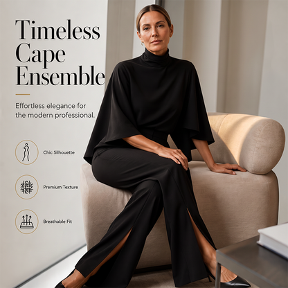 Set med elegant topp med hög hals och cape samt byxor med vida ben för kvinnor