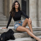 Nyhet✨ 💎 Glittriga shorts i mjuk denim med revor och strassdetaljer – perfekt för fest eller vardag