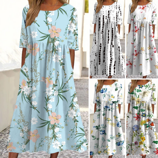 👗🌸Elegant lång klänning med rund hals och blommönster för damer