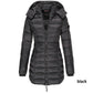 Varm, enfärgad vinterjacka med huva i bomull för kvinnor i medellängd